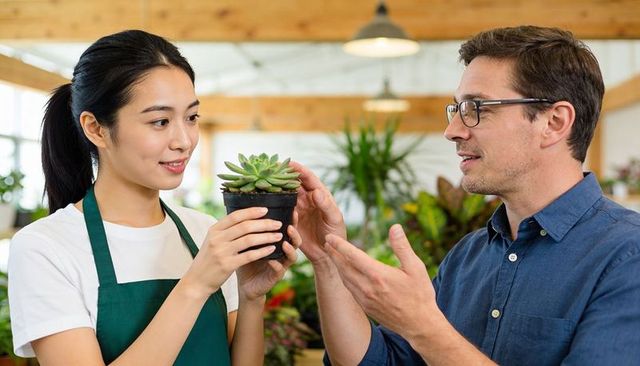 Smiling nursery assistant holding succulent while advising customer in bright greenhouse