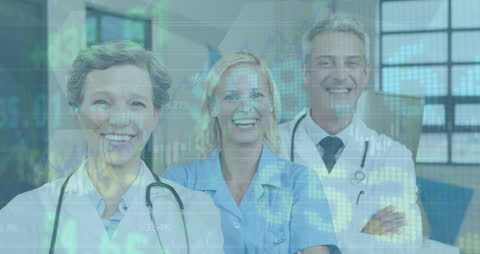 Smiling Healthcare Professionals with Financial Data Overlay