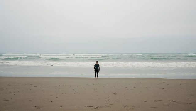 Lone surfer standing at shoreline facing horizon on overcast beach minimal coastal concept