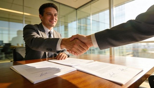 Business partners shaking hands over signed contracts in sunlit corporate office