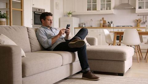 Man relaxing on beige sectional scrolling smartphone in open-plan kitchen living space