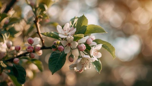 Spring apple blossom branch blooming with delicate white-pink flowers and golden bokeh