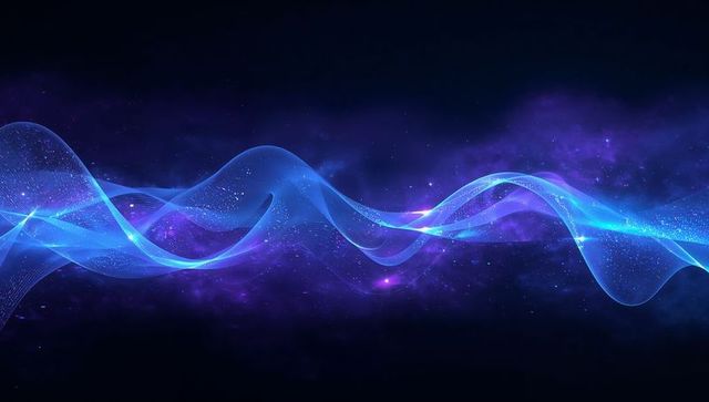 Flowing Blue Energy Ribbon Stretching Across Cosmic Nebula and Starfield