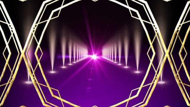 Animated gold geometric shapes form ornate patterns over dynamic purple light beams emitting from a center point. Perfect for use in digital art projects, presentations, music videos, and energetic event backdrops due to its vibrant and captivating visual elements.