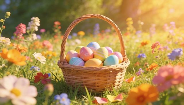 Sunlit wicker basket bursting with pastel easter eggs in blooming wildflower meadow