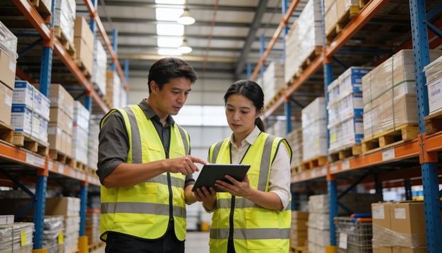 Warehouse team reviewing inventory on tablet in high-volume distribution center