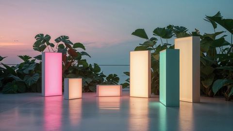 Glowing rectangular pillars and tropical plants at dusk