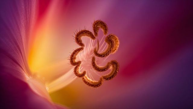 Curling glowing stamens inside vibrant pink and yellow bloom macro with luminous filaments
