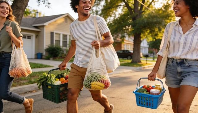 Multiracial friends walking carrying market groceries on suburban street at golden hour
