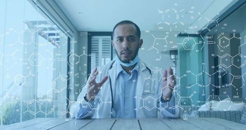 Doctor Conducting Virtual Consultation with Chemical Structures Overlay