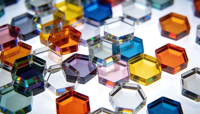 Vibrant translucent hexagon tiles on lightbox showing beveled edges and prism refractions