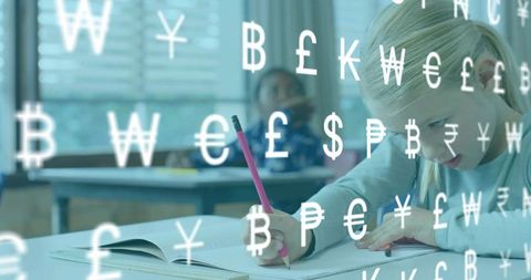 Elementary student writing in classroom with currency symbols overlay for financial learning