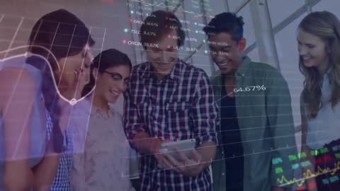 Diverse Team Analyzing Stock Market Data on Tablet with Overlay