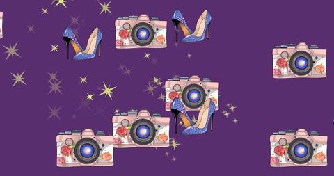Fashion Glam Heels and Cameras on Purple Background
