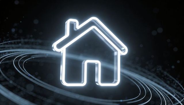 Glowing neon house icon hovering over particle rings in futuristic digital space