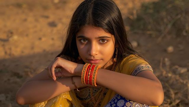 Indian teen girl gazing in warm golden light wearing yellow ethnic dress and red bangles