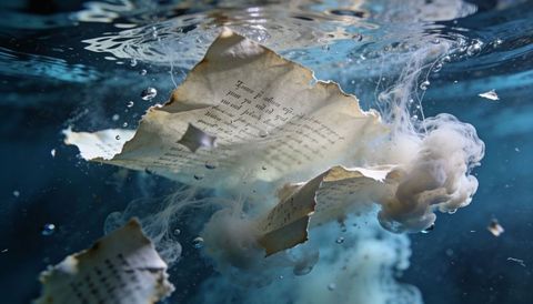 Aged manuscript pages drifting underwater with ink plume, bubbles and parchment fragments