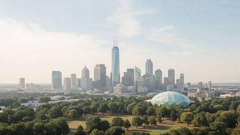 Futuristic charlotte city skyline with skyscrapers and geodesic dome park