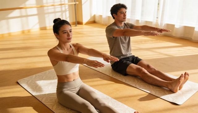 Couple practicing seated core pilates on yoga mats in sunlit fitness studio