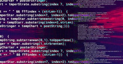Glitching Neon Source Code on Terminal Screen with Color Fringing and Scanline Distortion