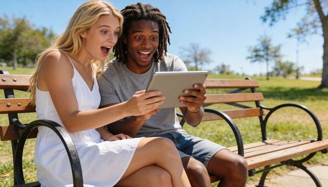 Young couple reacting with surprise while sharing tablet on sunlit park bench