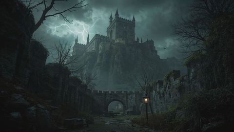 Majestic castle with dramatic stormy skies and lightning bolt