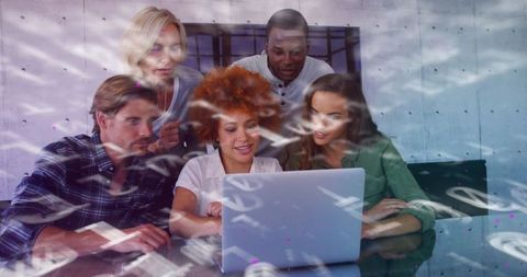 Diverse Team Collaborating on Technology Project with Digital Code Overlay