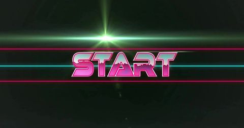 Synthwave start wordmark with neon cyan magenta scanlines and green lens flare