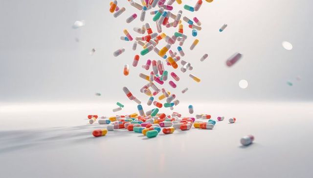 Colorful capsule pills falling on white surface