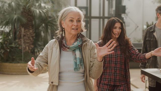 Senior woman gesturing while leading conservatory tour with younger woman, palms, plants