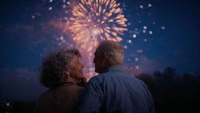 Senior couple embracing under fireworks display smiling together romantic outdoor celebration