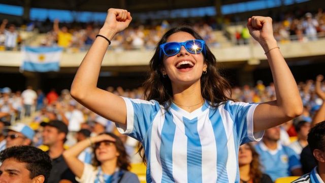 Joyful argentina soccer fan celebrating victory in stadium wearing blue sunglasses
