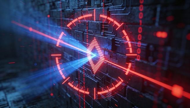 Futuristic hud targeting interface projecting red diamond marker with converging blue lasers