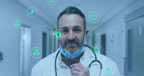 Doctor Adjusting Surgical Mask in Hospital Corridor with AR Health Icons