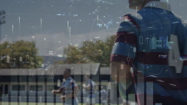 Image portrays financial data and graphs digitally overlaying a scene with players on a rugby field. Represents intersection of sports and technology, illustrating real-time analytics, finance in athletic industries, and digital transformation in global sports. Ideal for use in content related to sports economics, technology in sports, and fintech solutions in sports sectors.