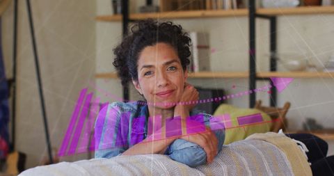 Smiling Woman at Home with Data Graphics Overlay