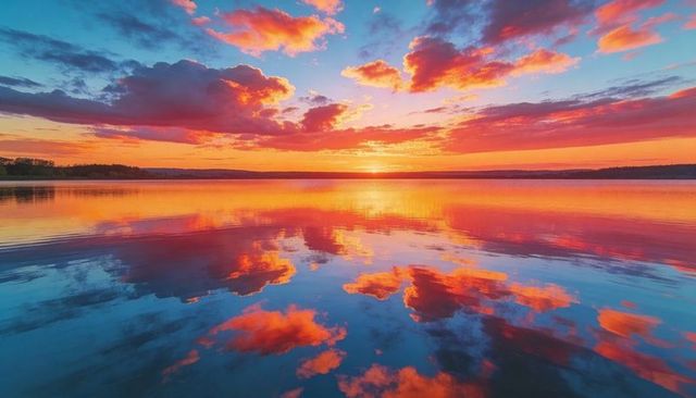 Sunset Symphony: Vibrant Sky Glowing Over Mirror-Smooth Lake Reflecting Colorful Clouds