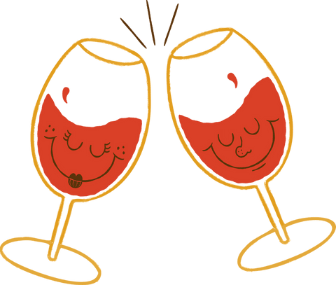 Cheerful cartoon wine glasses clinking on transparent background