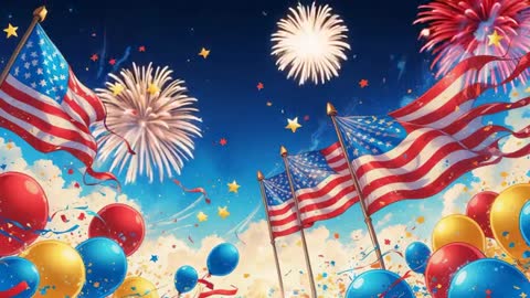 Vibrant Fireworks Display with American Flags and Festive Balloons