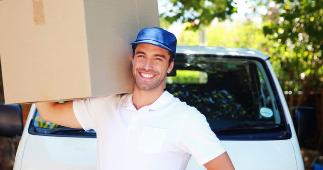 A young male delivery man is smiling while carrying a cardboard box in front of a delivery van. He is wearing a blue cap and a white shirt, projecting a friendly and professional image. Suitable for use in materials related to courier services, transportation logistics, customer service, online shopping fulfilment, and advertisements for delivery or shipping companies.