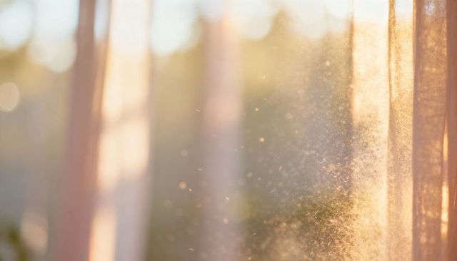 Golden morning light through sheer curtain with floating dust motes and soft bokeh
