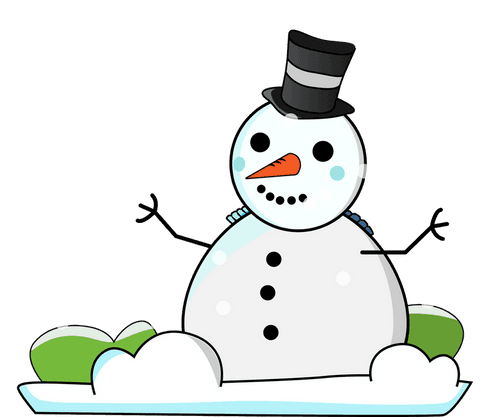 Charming cartoon snowman amidst falling snow on transparent background