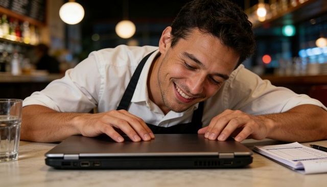 Smiling barista leaning over laptop on marble counter with notepad and warm bokeh cafe lights