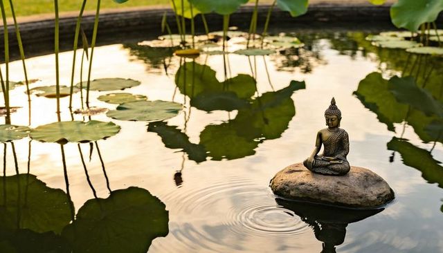 Bronze buddha meditating on rock creating ripples in tranquil lily pond at sunset