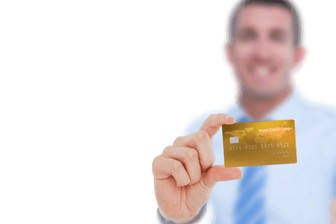 Businessman Holding Gold Credit Card on Transparent Background