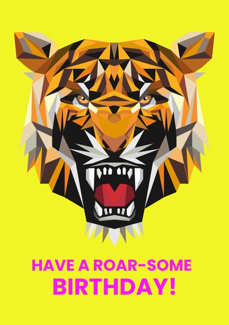Vibrant geometric tiger illustration with bold colors perfect for birthday cards emphasizing excitement and energy. Suitable for jungle-themed events, party invitations, children’s birthday greetings, or dynamic social media birthday posts.