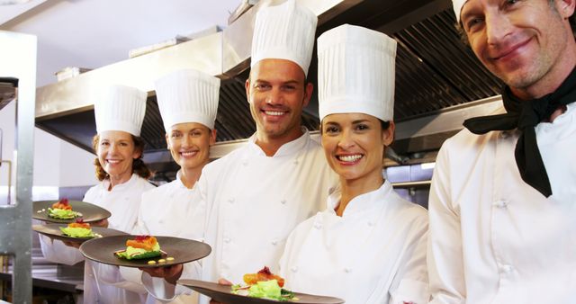 Chefs standing in line presenting creatively plated dishes in a high-end kitchen. They are smiling, showcasing teamwork and a professional environment in the culinary industry. Ideal for use in advertisements, cooking schools, restaurant promotions, and hospitality industry content.