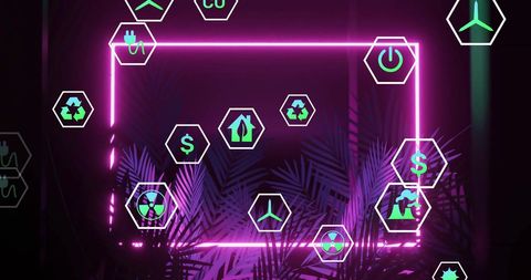 Environmental Icons with Tropical Plants and Neon Frame - Download Free Stock Images Pikwizard.com