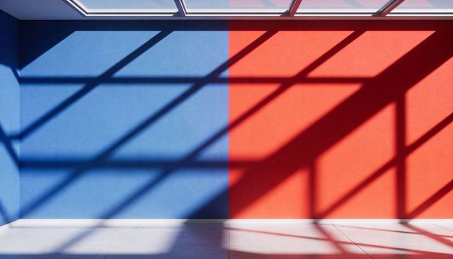 Minimalist Sunlit Two-Tone Wall Featuring Diagonal Skylight Shadows and Tiled Floor