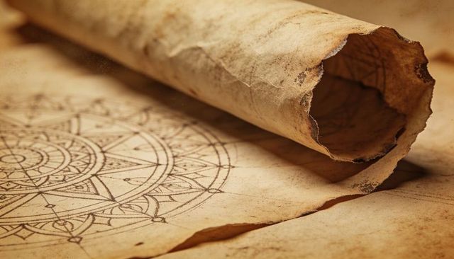 Aged parchment scroll revealing ornate mandala compass design with torn edges and sepia tone